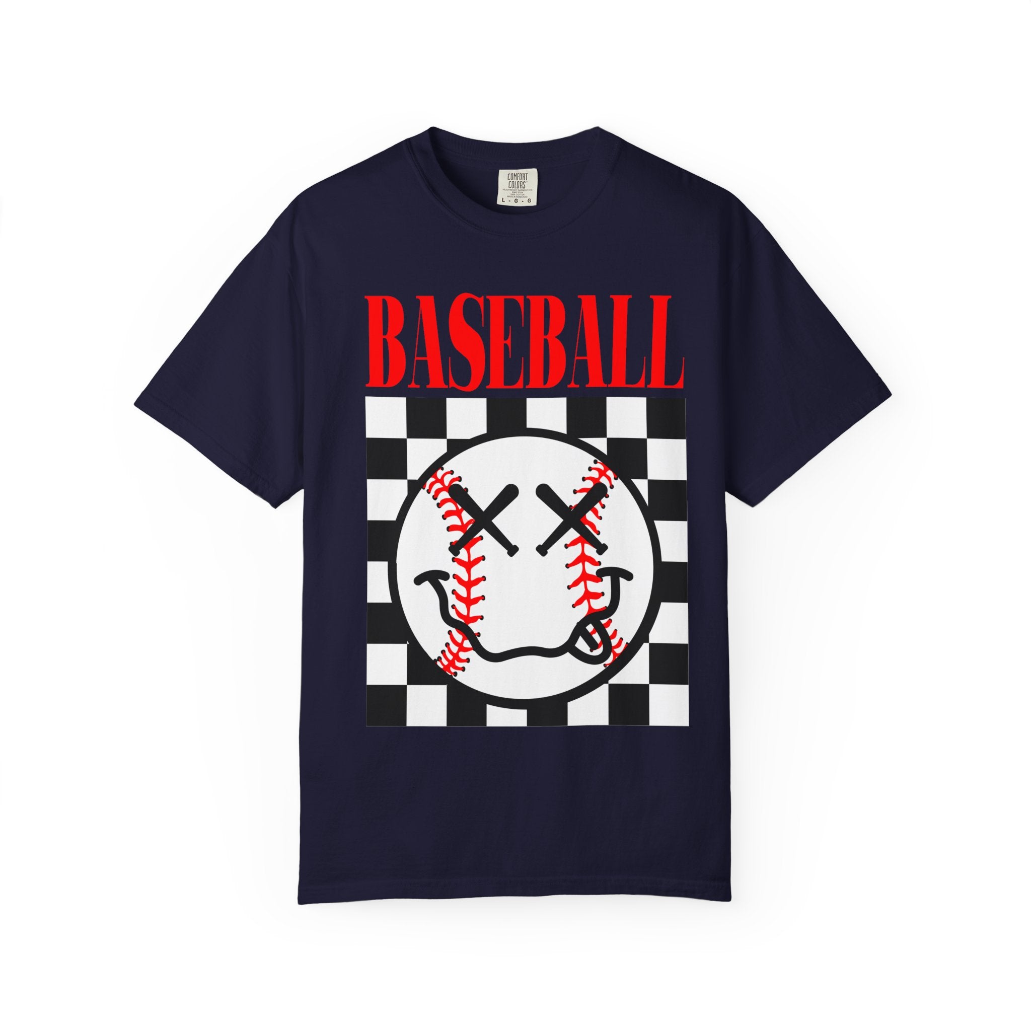 Baseball Checkered Smile T-Shirt — Retro Red Graphic Tee