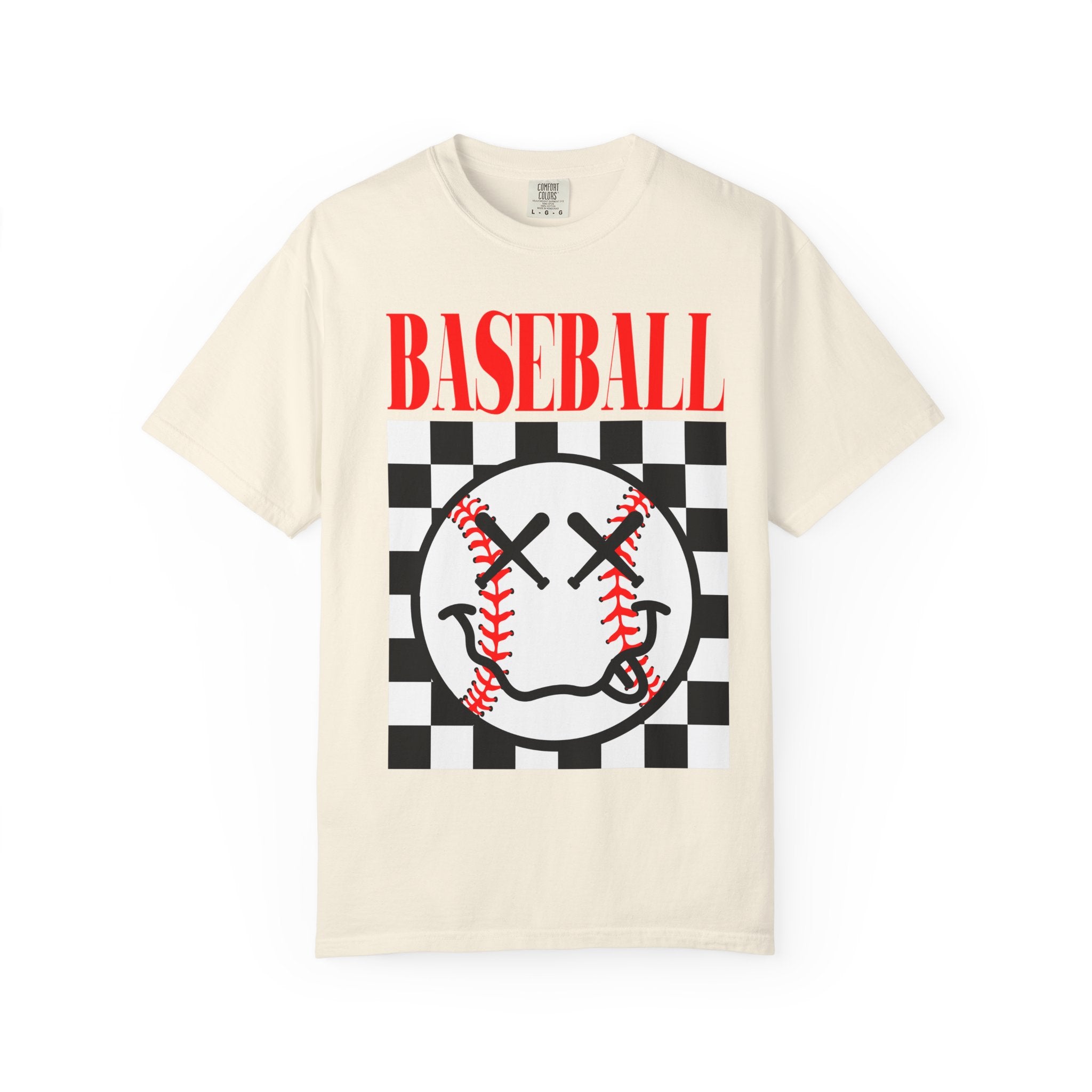 Baseball Checkered Smile T-Shirt — Retro Red Graphic Tee