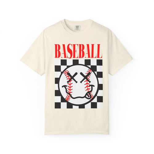 Baseball Checkered Smile T-Shirt — Retro Red Graphic Tee