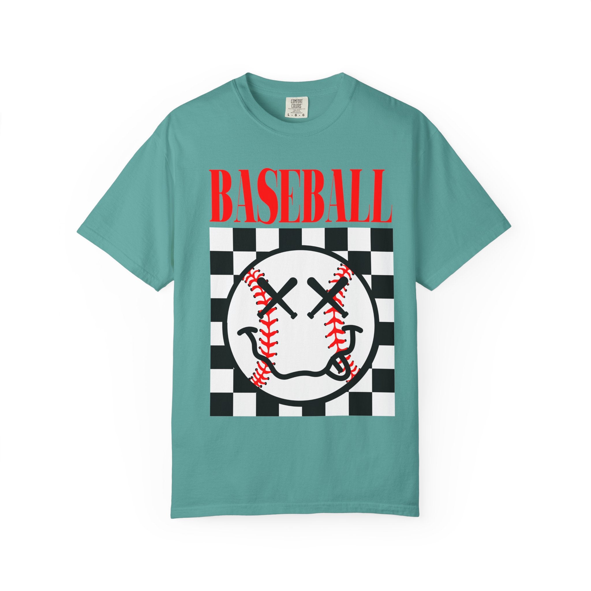 Baseball Checkered Smile T-Shirt — Retro Red Graphic Tee
