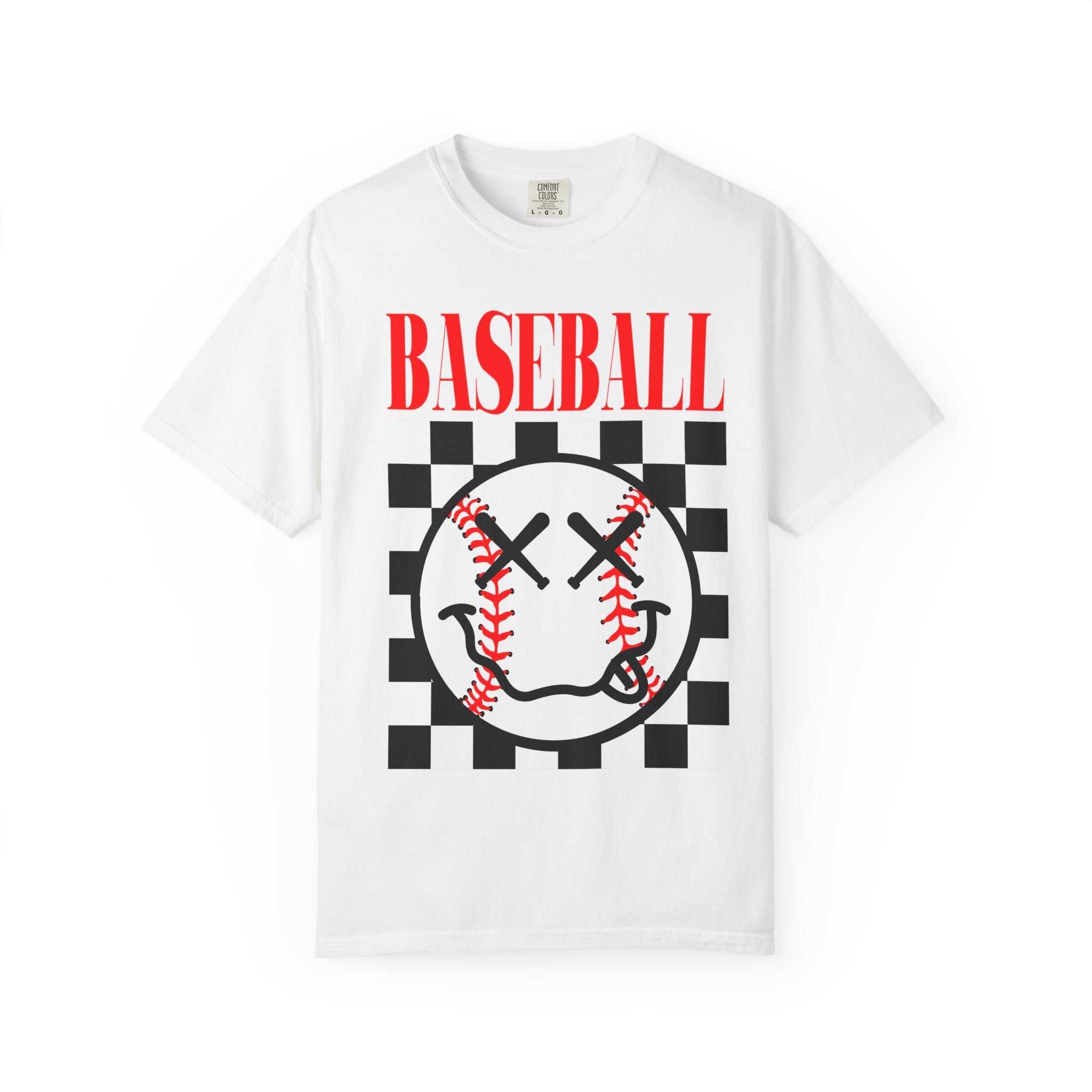 Baseball Checkered Smile T-Shirt — Retro Red Graphic Tee