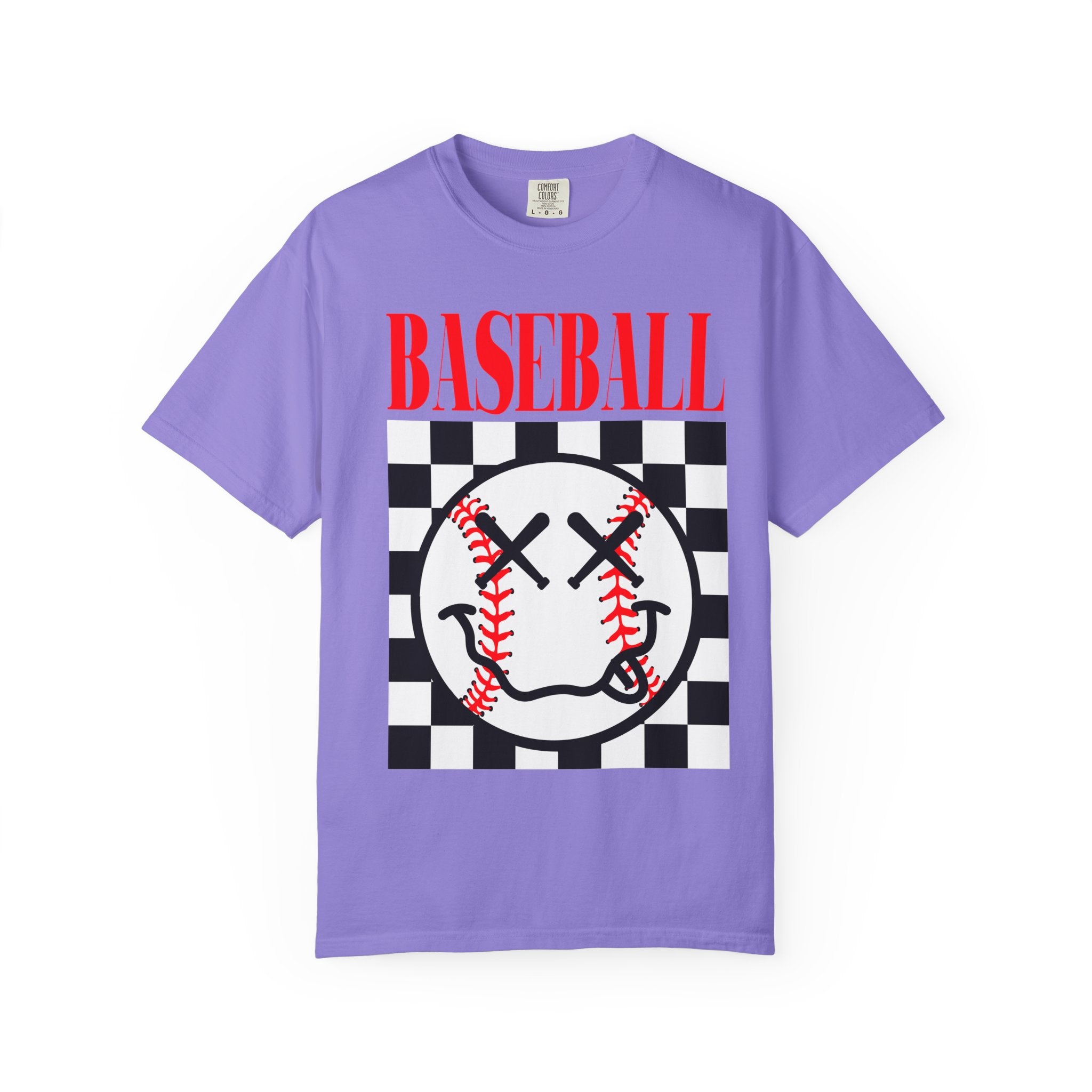 Baseball Checkered Smile T-Shirt — Retro Red Graphic Tee