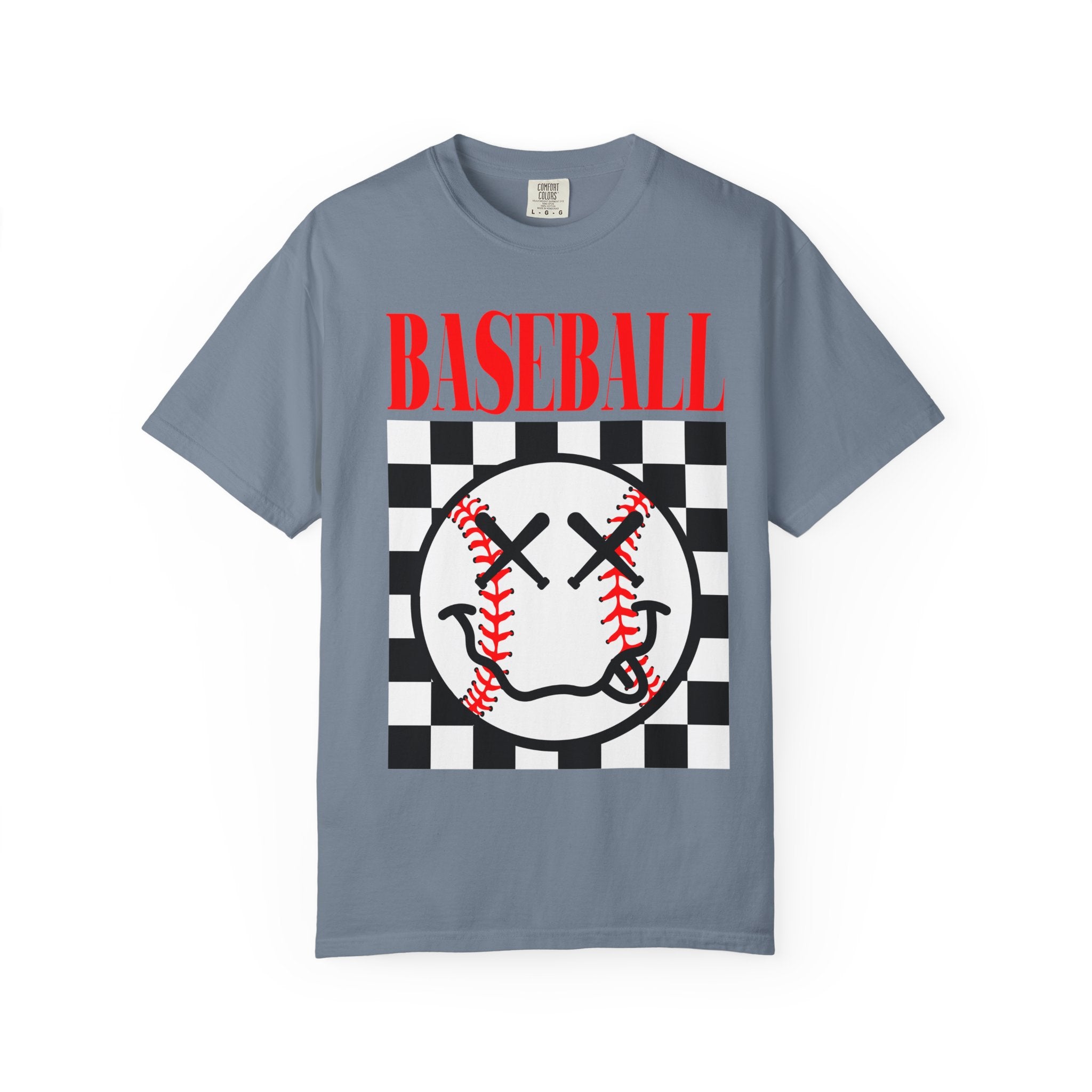 Baseball Checkered Smile T-Shirt — Retro Red Graphic Tee