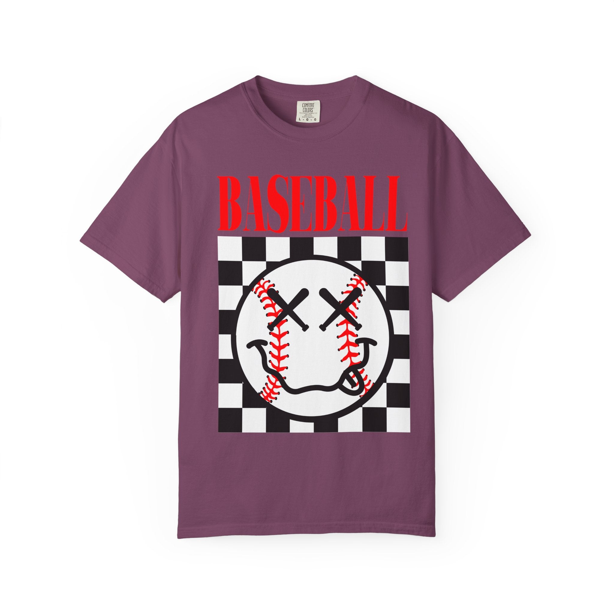 Baseball Checkered Smile T-Shirt — Retro Red Graphic Tee