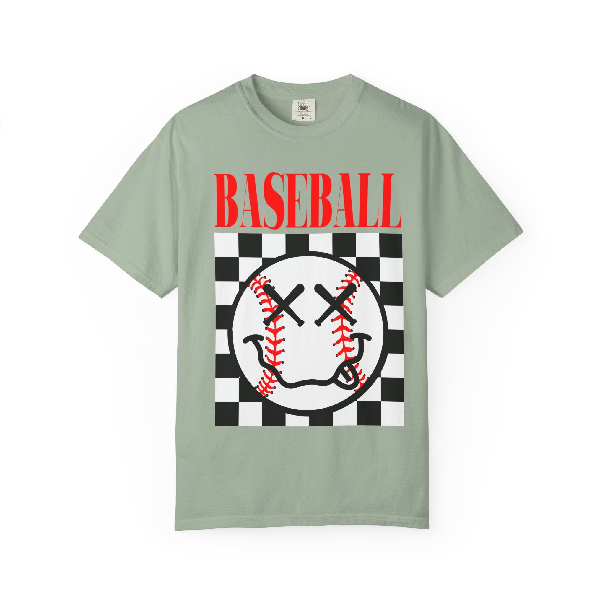 Baseball Checkered Smile T-Shirt — Retro Red Graphic Tee