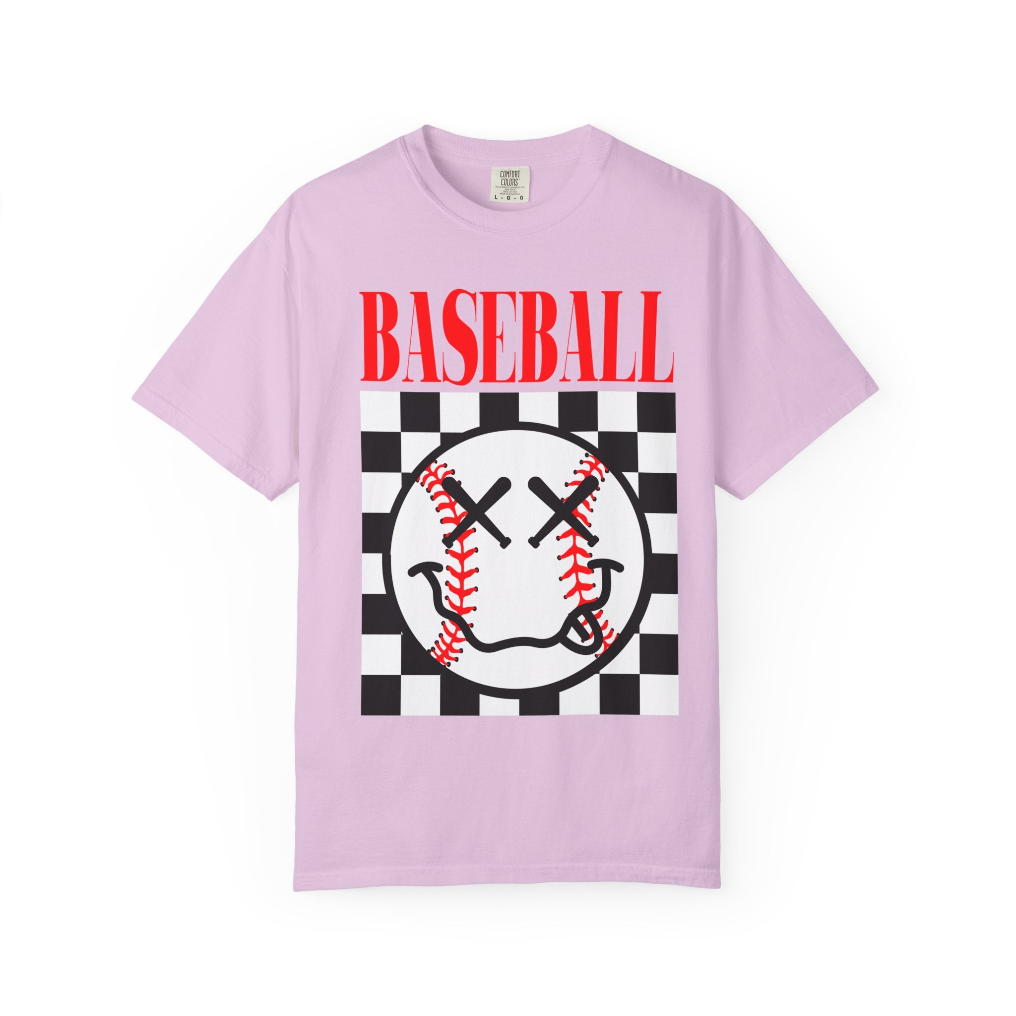 Baseball Checkered Smile T-Shirt — Retro Red Graphic Tee