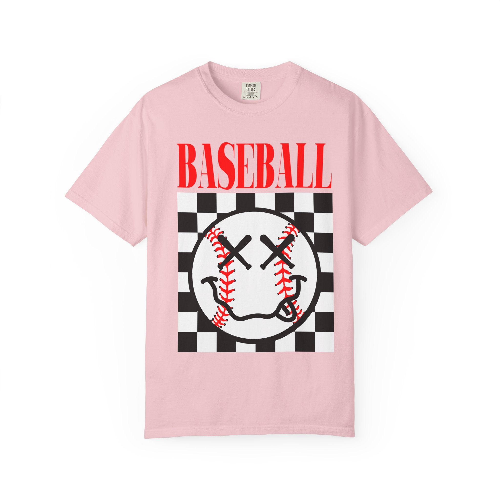 Baseball Checkered Smile T-Shirt — Retro Red Graphic Tee