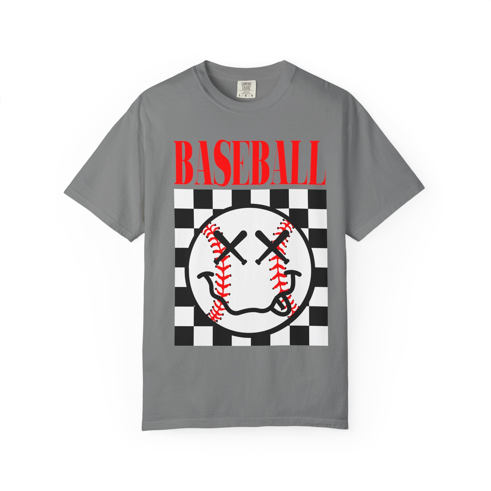 Baseball Checkered Smile T-Shirt — Retro Red Graphic Tee