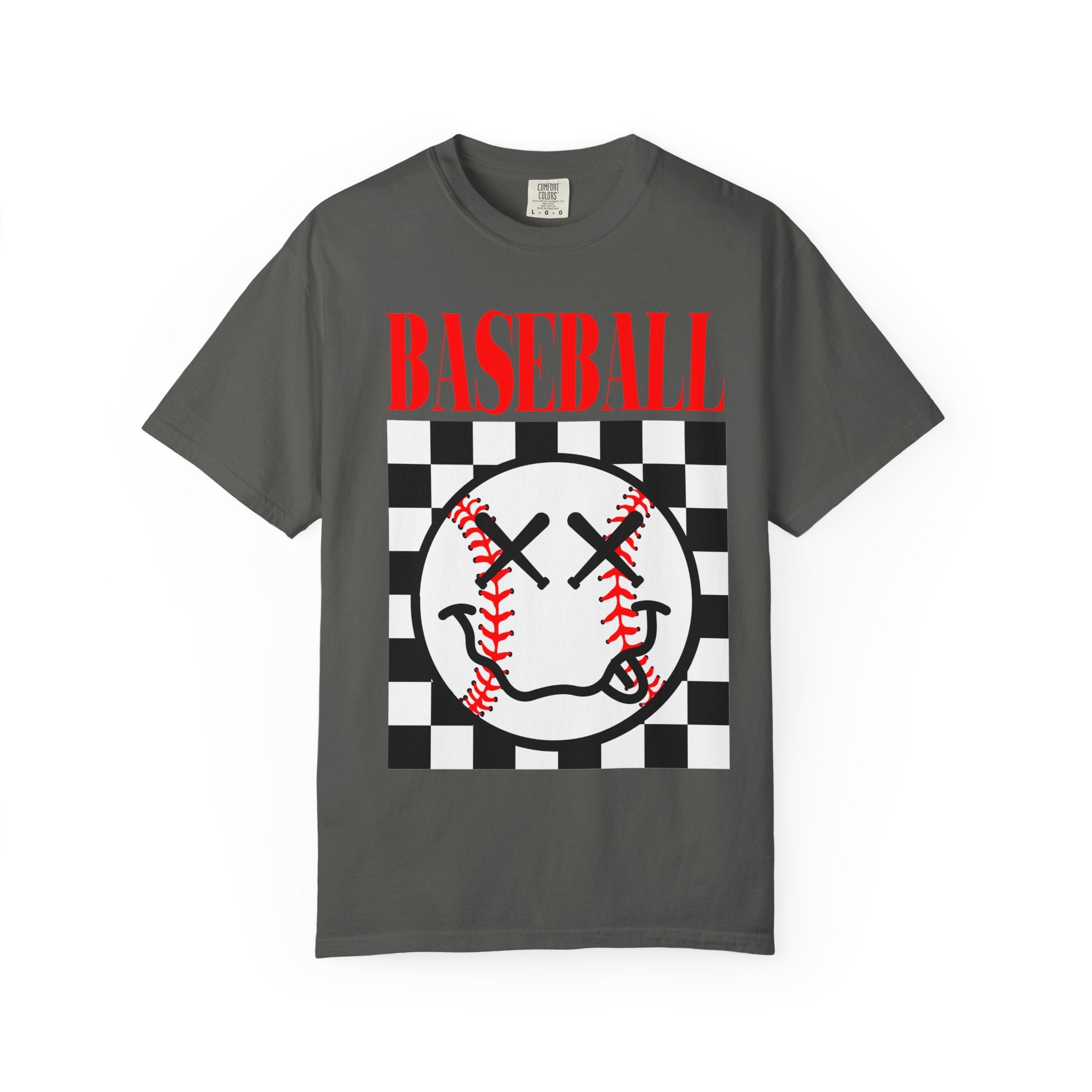 Baseball Checkered Smile T-Shirt — Retro Red Graphic Tee